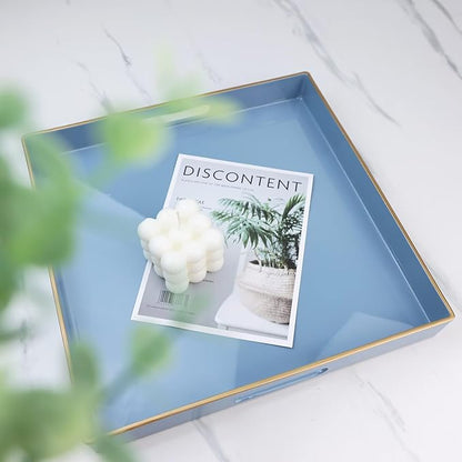 Spsyrine Light Blue Decorative Tray for Living Room, Square Modern Plastic Coffee Serving Table Tray for Ottoman Bathroom Kitchen, 13"*13".