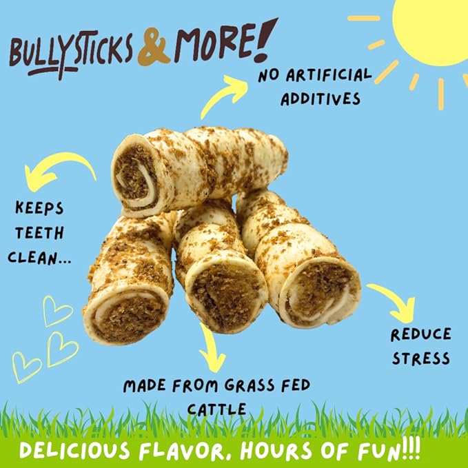 BULLYSTICKS & MORE 10-12" Beef Cheek Rolls for Dogs (Bully Bites Dusted - 3 Count) - Beef Cheek Bones for Dogs - Dog Parents Choice - Premium No Hide Rolls