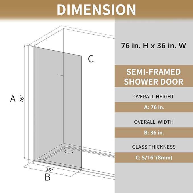 36"x76" Fixed Glass Shower Door, Square Pattern Textured Privacy 5/16" Thick