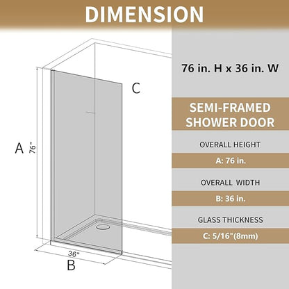 36"x76" Fixed Glass Shower Door, Square Pattern Textured Privacy 5/16" Thick