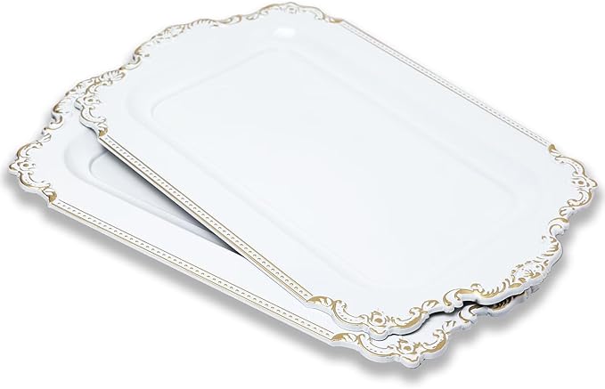 2 Pcs White Vintage Decorative Trays with Gold Rim, Serving Tray for Table Centerpiece Decor, Coffee Table, Living Room