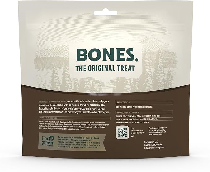 Hank & Roy All-Natural, Single-Ingredient Beef Marrow Bones for Dogs, Long Lasting, Engaging, High Collagen Bone Marrow Dog Bones, Individually Wrapped for Odor Control and Freshness