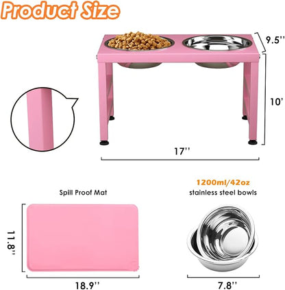 ADENGL Pink Metal Raised Dog Bowl Stand for Large Dogs, Stronger Elevated Dogs Bowls with Sprill Proof Mat, Food & Water Bowl 10in Tall Feeder (42OZ-Stainless Steel Dog Bowls, Mat-12x19 in)