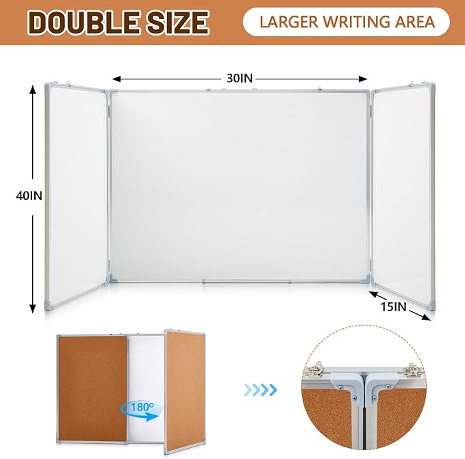 60"x40" Tri-fold Cork Board Whiteboard Combo, Foldable Combination Magnetic Dry