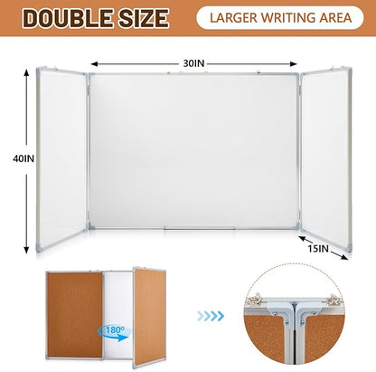60"x40" Tri-fold Cork Board Whiteboard Combo, Foldable Combination Magnetic Dry