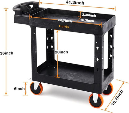 ELAFROS Heavy Duty Plastic Utility Cart 41.3 x 17 Inch - Ergonomic Handle Work Cart Storage W/Deep Shelves and 2 Fixed 2 Swivel Wheels Safely Holds up to 550 lbs - 2 Tier Service Cart with 6" Wheels