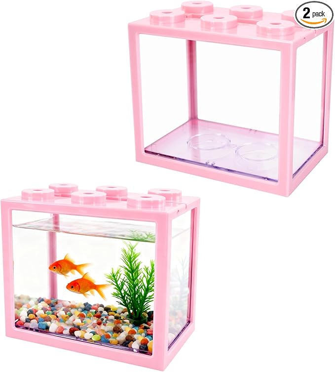 JIABEIUS 2 PCS Small Betta Fish Tank, 0.6 Gallon Mini Aquarium Tank, Pink Cube Fish Bowl, Desktop Stackable Tank for Small Fish, Insect, Shrimp, Turtle, Spider