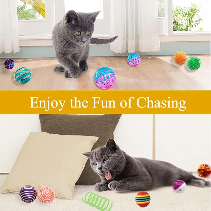 LASOCUHOO Cat Toys Kitten Assortment - Rainbow, Crinkle, Sparkle, Bell & Sisal Balls for All Cats - 30 Packs