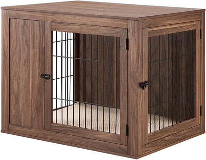 unipaws 38.5 Inch Furniture Style Dog Crate for Medium Large Dogs, Indoor Aesthetic Dog Stuff Kennel, Modern Decorative Wood Wire Cage, Pretty Cute End Side Table Nightstand, Walnut