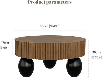 Round Fluted Coffee Table for Living Room, 31.5'' Farmhouse Luxury Round Coffee Tables with 3 Sturdy Leg Base, Natural Wood Grain Veneer Handcrafted Relief Tea Table for Apartment Small Space,Brown
