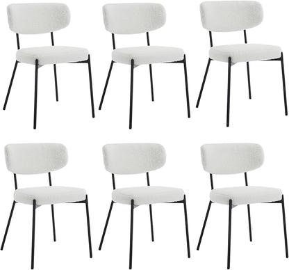 KCC Boucle Dining Chairs Set of 6, Modern Mid-Century Upholstered Stylish Kitchen Chairs Sherpa Accent Diner Chairs with Metal Legs and Curved Back for Kitchen, Dining Room(White)
