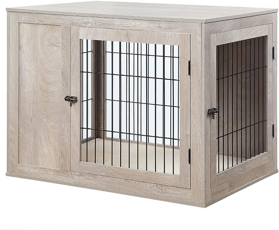 unipaws 41 Inch Furniture Style Dog Crate for Medium Large Dogs, Indoor Aesthetic Dog Stuff Kennel, Modern Wood Wire Cage, Pretty Cute End Side Table Nightstand, Weathered Grey