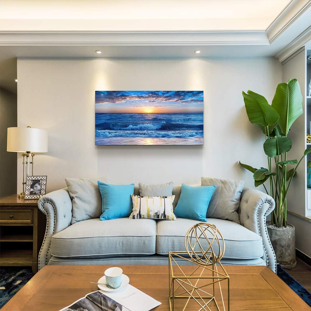 Canvas wall art for living room Blue Ocean Sea sun landscape painting bathroom Wall Decor Ready to Hang for Home Decorations office family bedroom kitchen Works canvas Prints pictures 30" x 60"inch