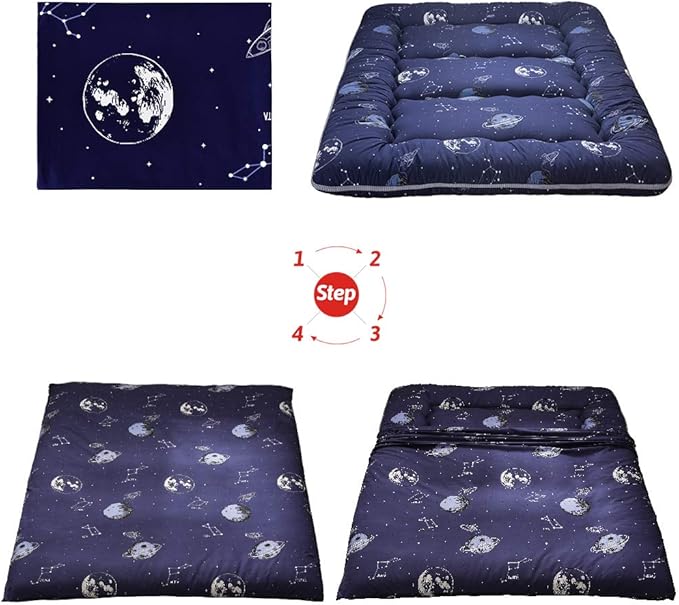 MAXYOYO Navy Space Adventure Japanese Floor Futon Mattress, Thicken Tatami Mat Sleeping Pad Foldable Bed Roll Up Mattress Floor Lounger Bed Couches and Sofas for Kids Queen Size