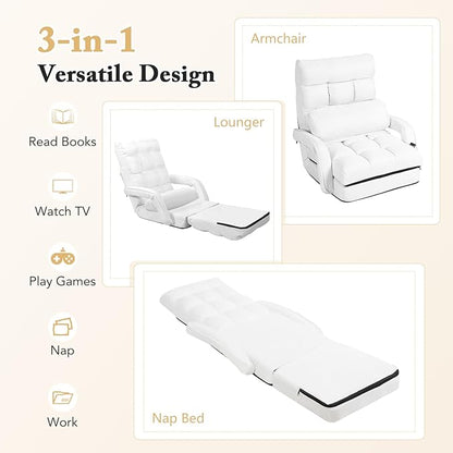 KOMFOTT Foldable Floor Lazy Sofa Chair, Indoor Chaise Lounge Chair with 6 Positions Adjustable Backrest, Detachable Seat Cushion, Armrests & Pillow, Cozy Floor Chair for Living Room, Bedroom (White)