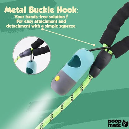 Dog Poop Bag Holder with Flashlight - Waste Bag Dispenser for Night Walks - Durable, Portable with Leash Clip & Carabiner - Includes 15 Dog Poop Bags - Green