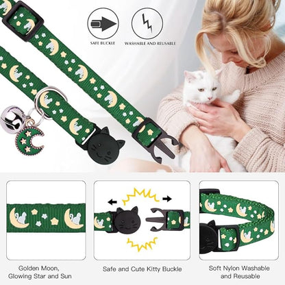 2Pcs Breakaway Cats Collars Cat Collars for Boy & Girl Cats Adjustable Kitten Collars with Bell,Black+Emerald,8"-13.1"