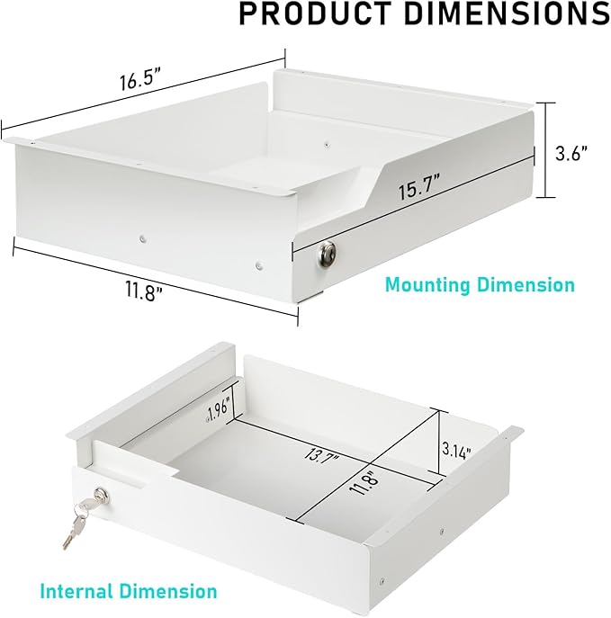 White Under Desk Drawer with Lock, Metal Hidden Storage