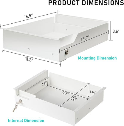 White Under Desk Drawer with Lock, Metal Hidden Storage