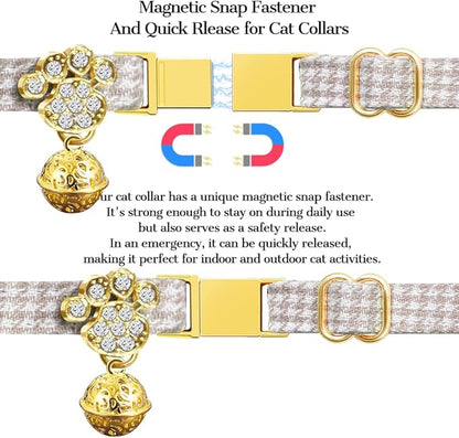 Personalized Breakaway Cat Collars - Magnetic Buckle, Bell - Safety Quick Release, Customized for Girls & Boys Cats- (Houndstooth-Khaki)