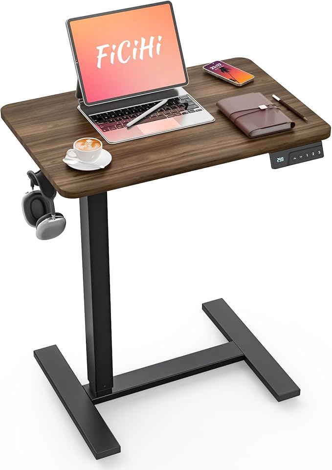 FiCiHi Electric Standing Desk with Wheels - Height Adjustable, Mobile, Small Movable Laptop Desk, Portable Rolling Computer Workstation Sit Stand Table for Home Office, Sofa & Bedside(24x16, Walnut)