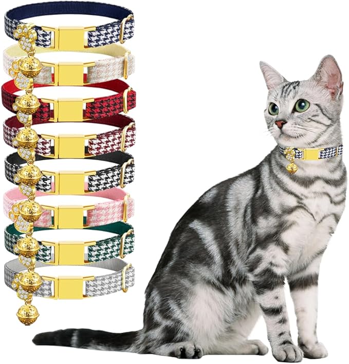 Personalized Breakaway Cat Collars - Magnetic Buckle, Bell - Safety Quick Release, Customized for Girls & Boys Cats- (Houndstooth-Navy)