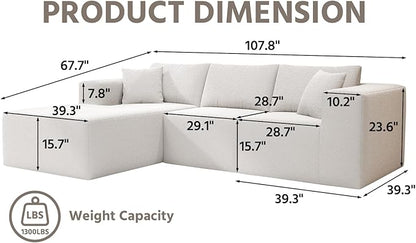 Cloud Sectional Couch with L-Shape Chaise,4 Seat Modern Modular Sofa with Deep Seat (White, 108"+Left Facing Chaise)