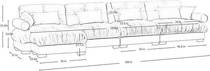 166" Oversized L Shaped Sectional Sofa, 4 Seater Modular Velvet Cloud Couch with Ottoman, Blue Large Fluffy Couch Set for Living Room