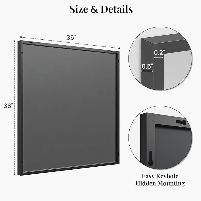 36''x36'' Large Black Square Mirror, Matte Metal Framed Bathroom Vanity Mirror