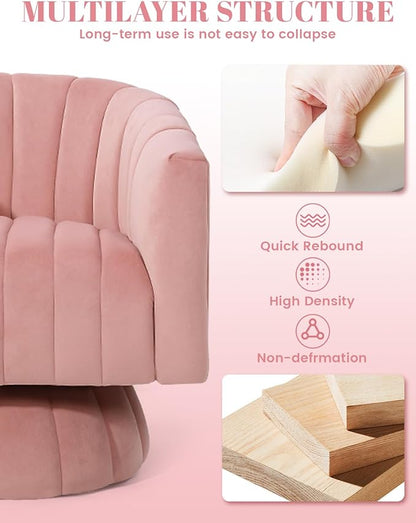 Kromax Swivel Accent Chair with Armrest, Set of 2, Mid Century 360 Degree Swivel Barrel Chair Overstuffed Tufted Velvet, Ideal for Living Room, Bedroom, Reading Room, Light Pink