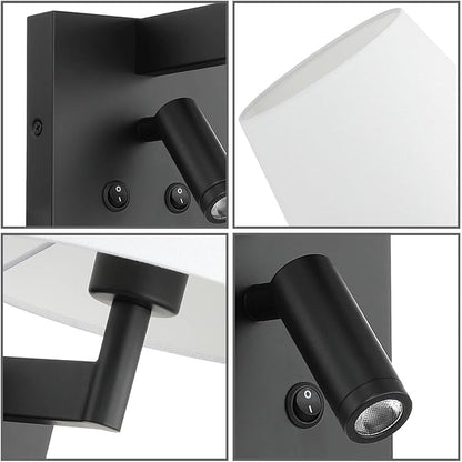 XiNBEi Lighting Hardwired Wall Sconce with LED Integrated Reading Light, Bedroom Wall Lamp with Linen Fabric Shade & On/Off Switch Modern Bedside Sconce Lighting Fixture, Matte Black XB-W468-LED-MB