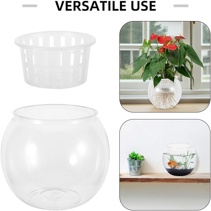 Betta Fish Bowl Plastic Round Aquarium with Hydroponic Basket Medium 110c Small Desktop Landscape Tank for Living Room Table Decor