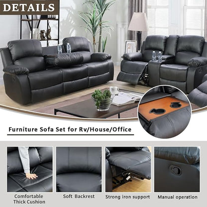 A Ainehome Living Room Furniture Set Leather Recliner Sofa Set Loveseat Chair Furniture Sofa Set for Living Room/Small Space/Rv/House/Office/Theater Seating (A-Black Leather, Sofa+Loveseat)
