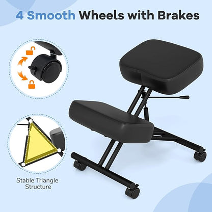Goplus Kneeling Chair, Upholstered Mobile Desk Chair w/Adjustable Height, Thickened Sponge Cushion, 4 Lockable Universal Wheels, Office Home Padded Stool with Angled Seat, Black (2)