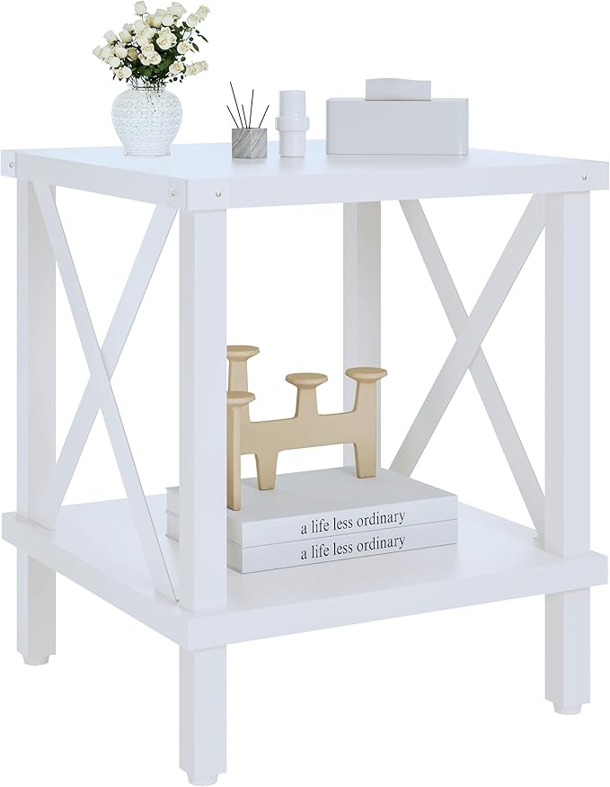 Large End Table Farmhouse Side Table Industrial Style Sofa Table Metal X Accent Wood Coffee Table NightStand with Storage Shelf for Living Room Bedroom White MLBZ16W