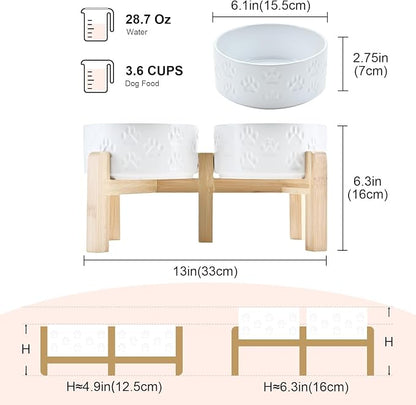 SPUNKYJUNKY Elevated Dog Bowls Ceramic, 6.1'' Dogs and Cat Food Water Bowls Raised with Non-Slip Bamboo Stand for Medium Sized Breed Microwave Dishwasher Safe - 28.7 OZ,Paw White