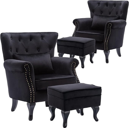 chairus Mid-Century Modern Accent Chairs with Ottoman Set of 2, Comfy Velvet Single Sofa Chair Button Tufted Wingback Armchairs with Pillow for Living Room/Bedroom/Club - Black