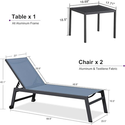 PURPLE LEAF Outdoor Chaise Lounge Set for 2 Oversized Pool Lounge Chairs with Easy-to-Move Wheels and Adjustable Backrest Extra Large Patio Loungers for Poolside Deck Beach Yard Table Included, Indigo