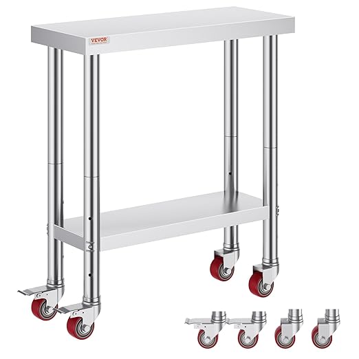 VEVOR Stainless Steel Work Table 30 x 12 x 34 Inch, 700 LBS Load Capacity with 4 Wheels, 3 Adjustable Height Levels, Heavy Duty Food Prep Worktable for Commercial Kitchen Restaurant, Silver