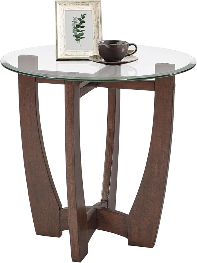 LKTART Glass End Table, 23.5" Round Side Tables with Tempered Glass Top Cross and Solid Wood Base Small Night Stand for Living Room Office Apartment Cherry