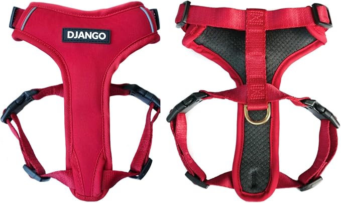 Adventure Dog Harness - Stylish and Durable Medium Dog Harness for Outdoor Adventures and Everyday Wear - Red Neoprene Adjustable Harness for Dogs with Reflective Piping, Solid Brass D-Ring