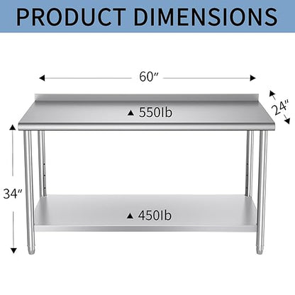 Mioleu Commercial Stainless Steel Table 60 x 24 Inches Heavy Duty Prep & Work Metal Desk with Blacksplash & Adjustable Undershelf for Kitchen Restaurant Home Garage Warehouse
