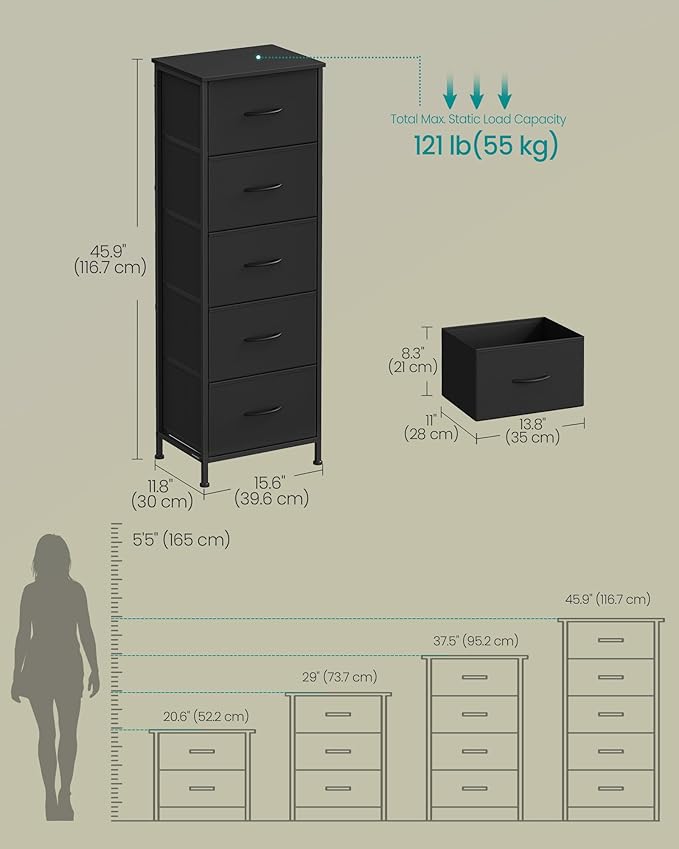 SONGMICS Dresser for Bedroom, Chest of Drawers, 5 Non-Woven Fabric Drawers