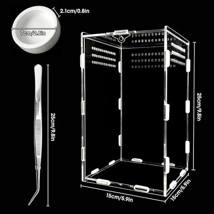 Jumping Spider Enclosure, Acrylic Terrarium with Magnetic Door & All-Side Ventilation, Easy-Clean Habitat for Spider, Tarantula, Mantis, Snail(Tweezer and Bowl Included)