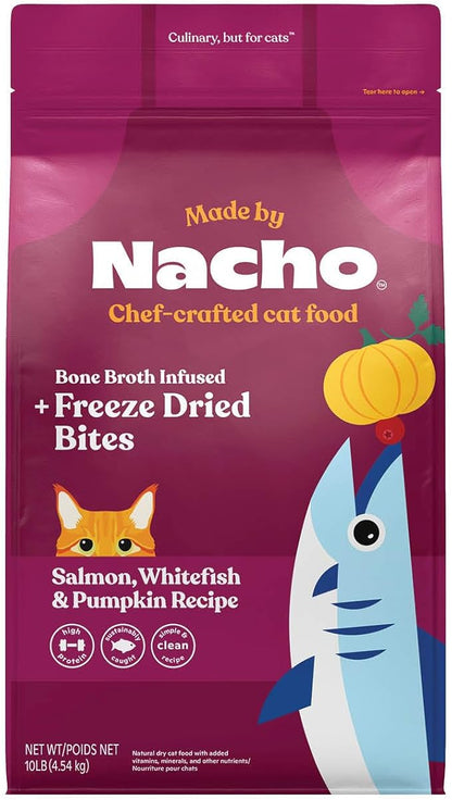 Made by Nacho Dry Cat Kibble 10lb Bag, High Protein Premium Cat Food with Freeze Dried Pieces, Sustainably-Caught Salmon, Whitefish & Pumpkin, Limited Ingredients, Single Bag