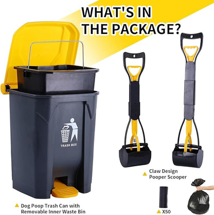Pooper Scooper 2 Pack with 20 Litre Step Dog Poop Trash Can, 28" Long Handle Dog Poop Scoopers for Large Small Dogs Heavy Duty, Removable Inner Bucket for Outdoors, 50 Waste Bags Included