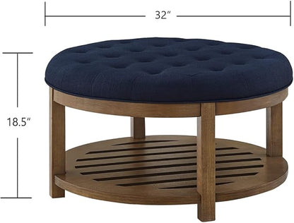 24KF Large Round Upholstered Tufted Linen Ottoman Coffee Table, Large Footrest Ottoman with Wood Shelf Storage- Navy Blue
