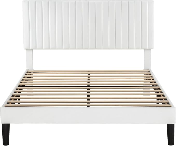Allewie Full Bed Frame, Velvet Upholstered Platform Bed with Adjustable Vertical Channel Tufted Headboard, Mattress Foundation with Strong Wooden Slats, Box Spring Optional, Easy Assembly, Off-White