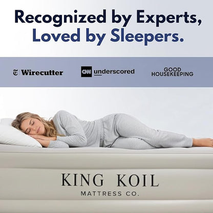 King Koil Luxury Air Mattress 20in Full Size Beige with Built-in Pump for Home, Camping & Guests-Inflatable Airbed Luxury Double High Adjustable Blow Up Mattress, Durable - Portable and Waterproof
