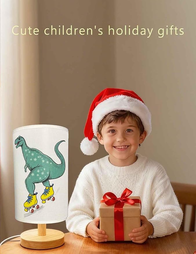 Dinosaur Lamp, Dinosaur Decor Boys Room, 3 Color Night Light Wood Nightstand Desk Base Flaxen Fabric Shade for Bedroom Living Room, Dino Lovers Gifts, LED Bulb Included (Yellow Dinosaur)